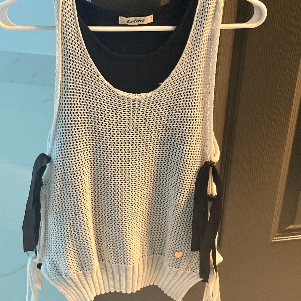 Lolita White Open-Knit Tank with Black Ribbon Ties